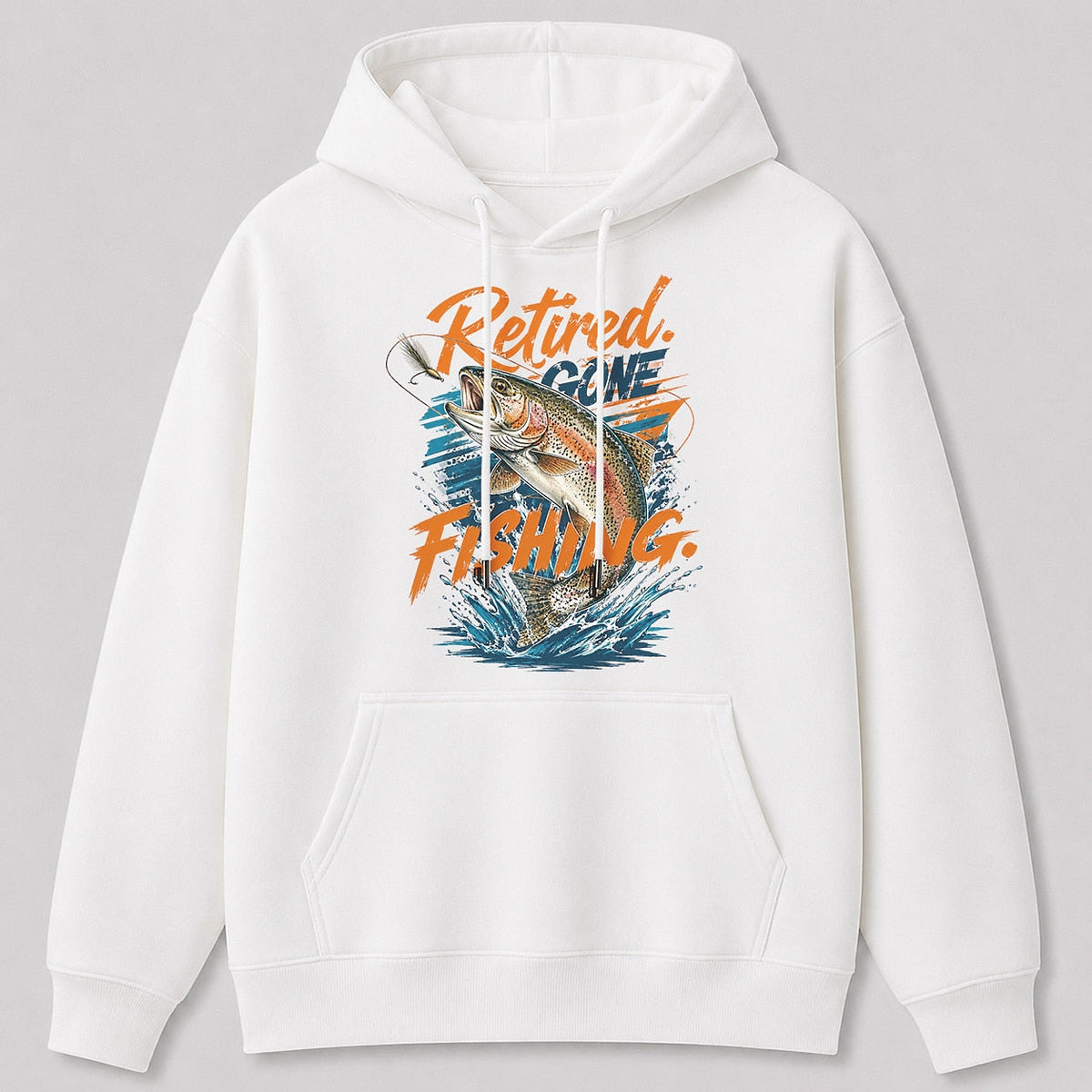 Rainbow Trout River Fishing Hoodie for Men — close-up of fabric, cuff, and pocket stitching