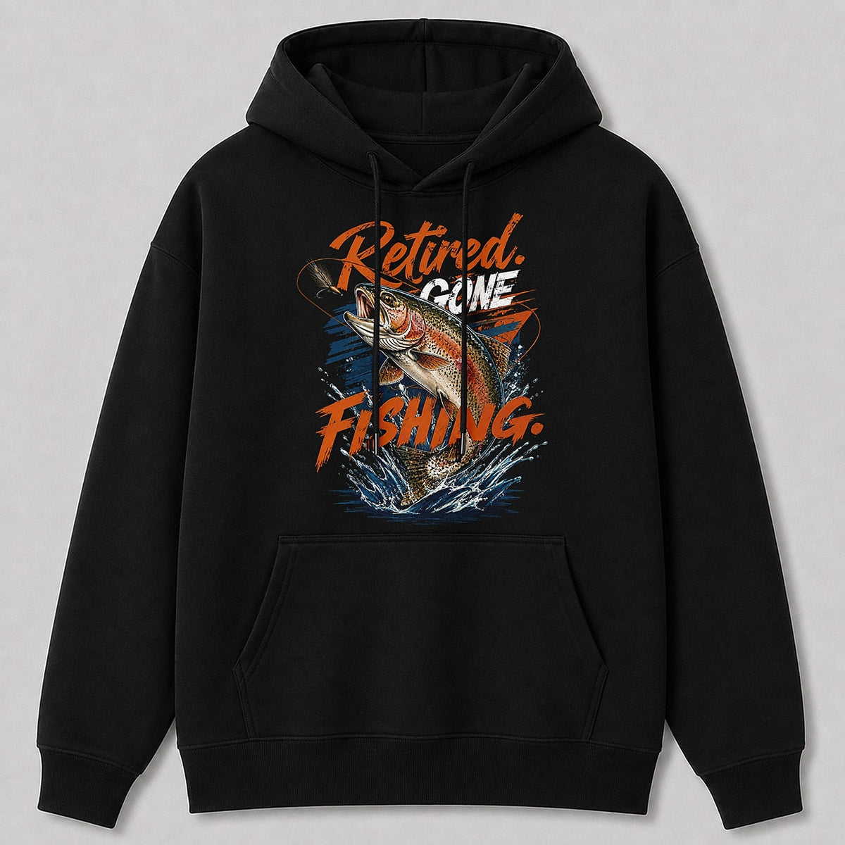 Rainbow Trout River Fishing Hoodie for Men — navy front view with printed graphic