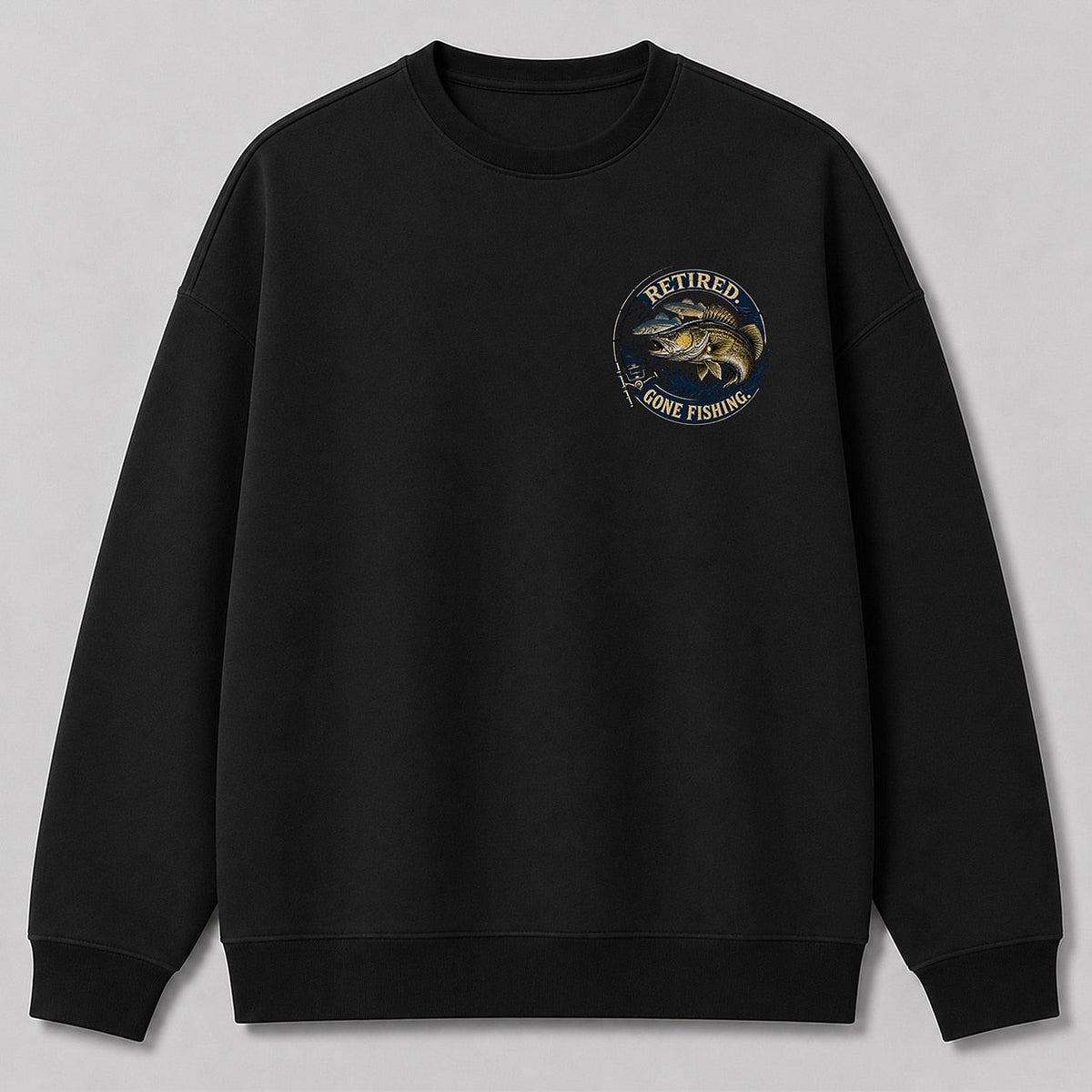Retired Walleye Fishing Crewneck Sweatshirt for Men — black front view with chest graphic