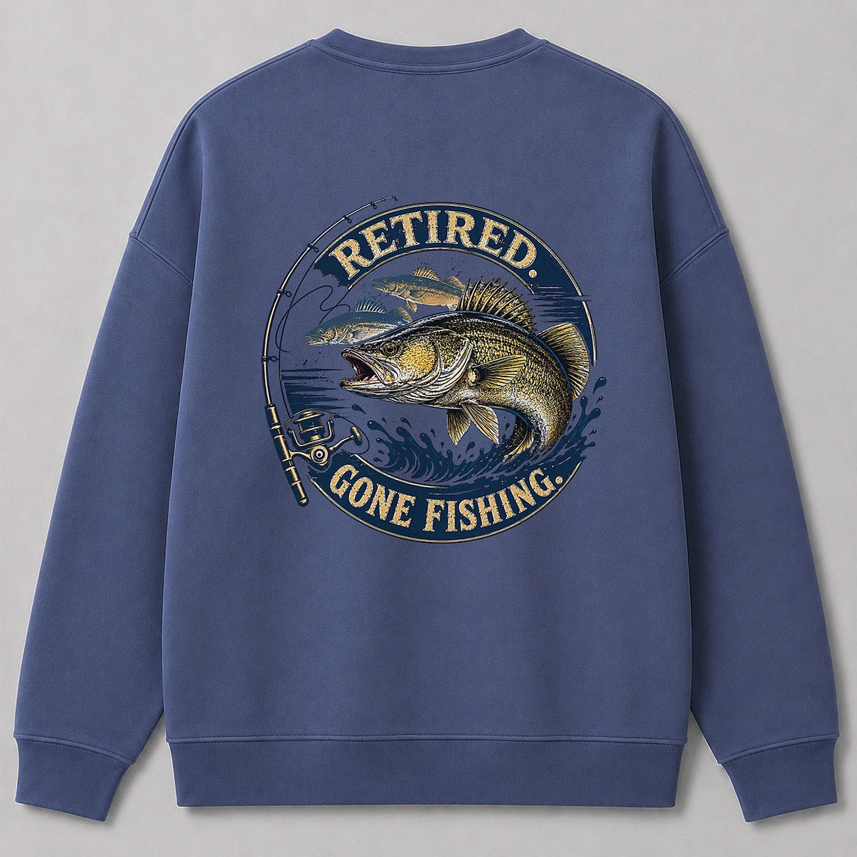 Retired Walleye Fishing Crewneck Sweatshirt for Men — charcoal back view with large graphic