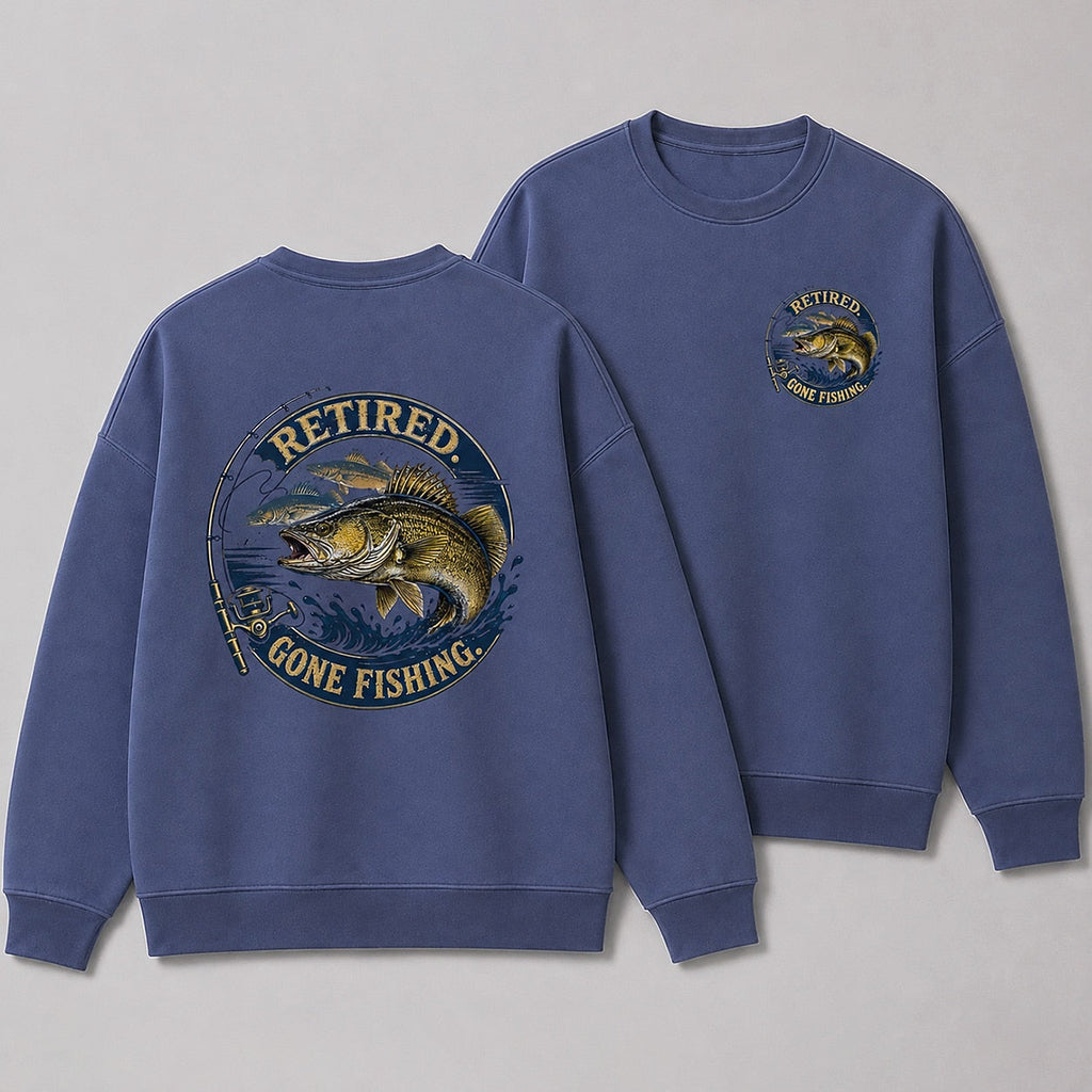 Retired Walleye Fishing Crewneck Sweatshirt for Men — charcoal front-and-back design view