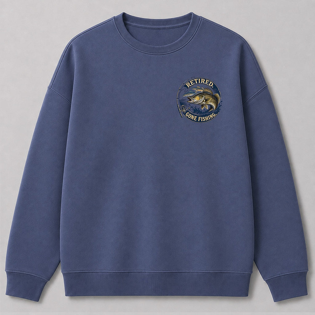 Retired Walleye Fishing Crewneck Sweatshirt for Men — charcoal front view with chest graphic