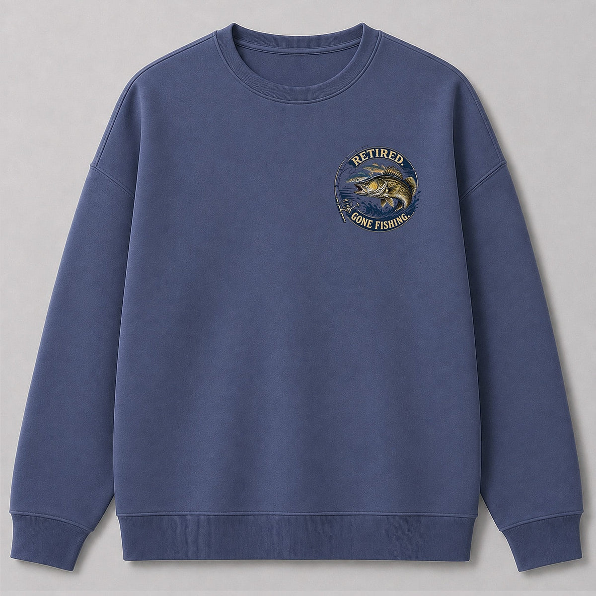 Retired Walleye Fishing Crewneck Sweatshirt for Men — charcoal front view with chest graphic