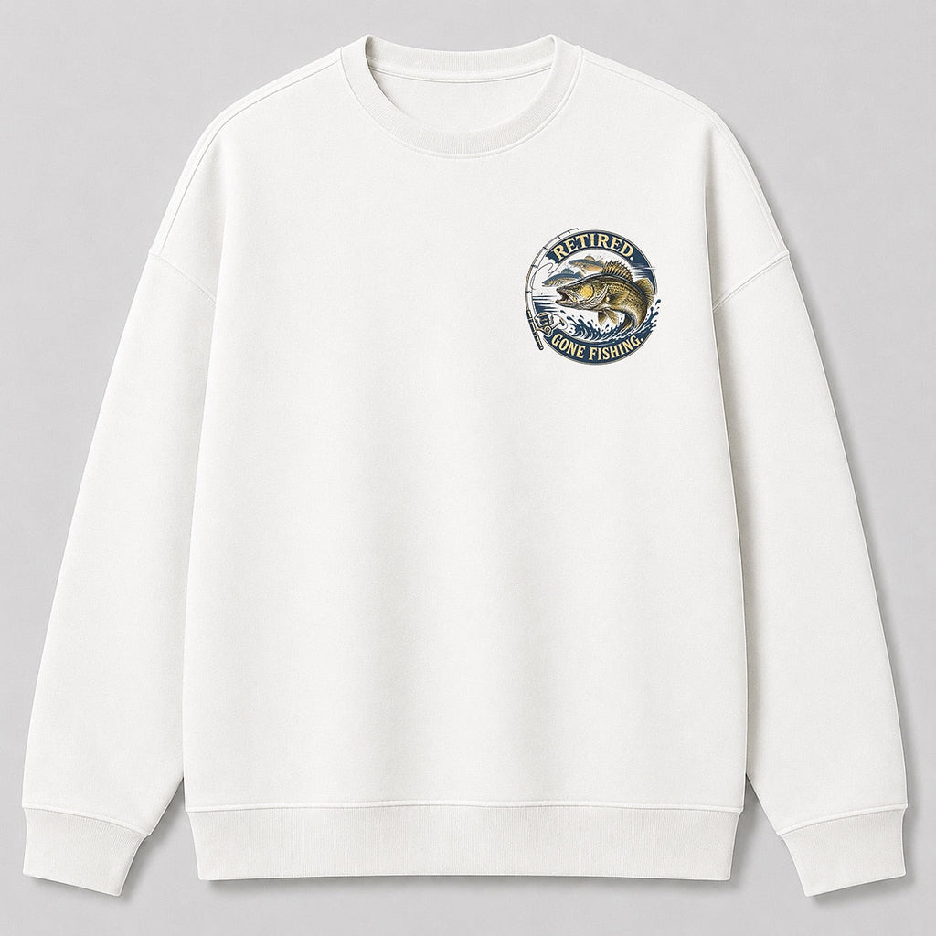 Retired Walleye Fishing Crewneck Sweatshirt for Men — white front view with chest graphic