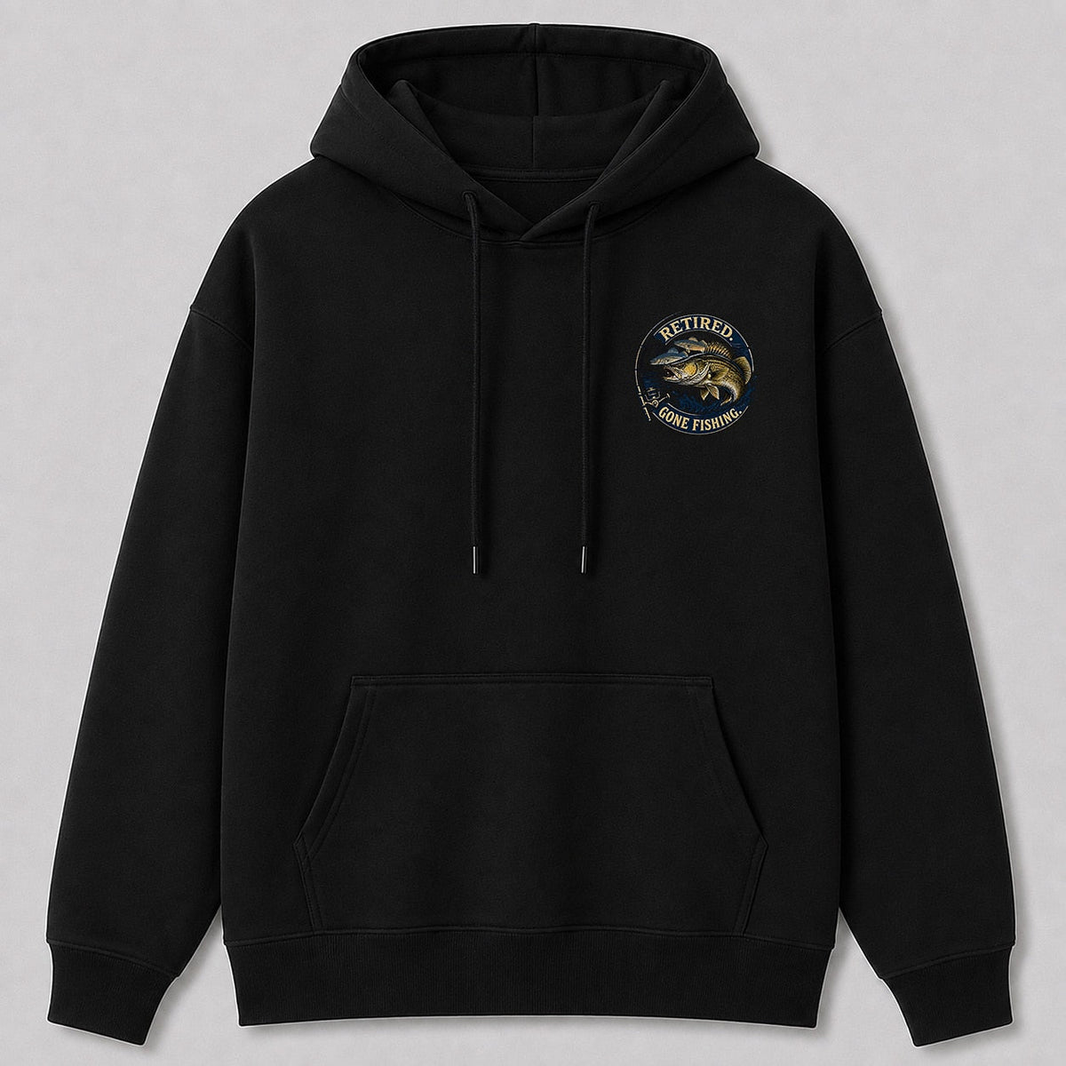 Retired Walleye Lake Fishing Hoodie for Men — black front view with chest graphic