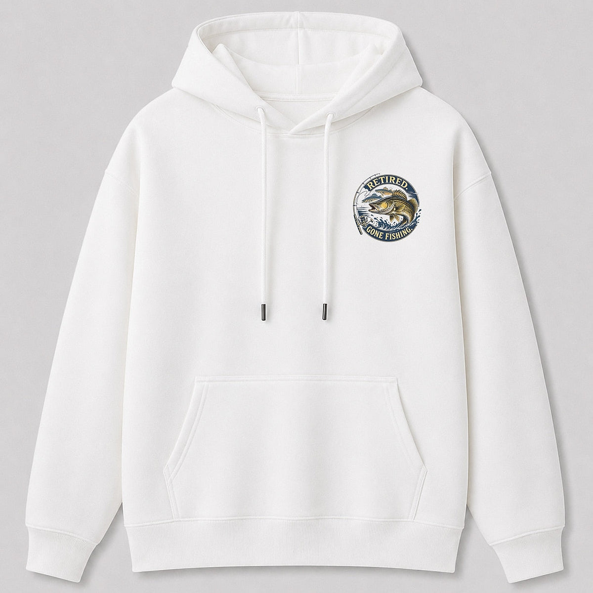Retired Walleye Lake Fishing Hoodie for Men — gray front view with chest graphic