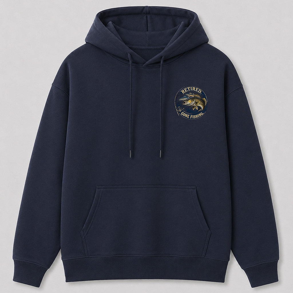 Retired Walleye Lake Fishing Hoodie for Men — navy front view with chest graphic