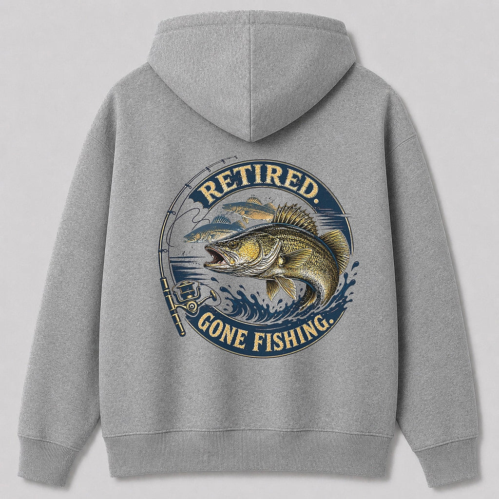Retired Walleye Lake Fishing Hoodie for Men — white back view with large graphic