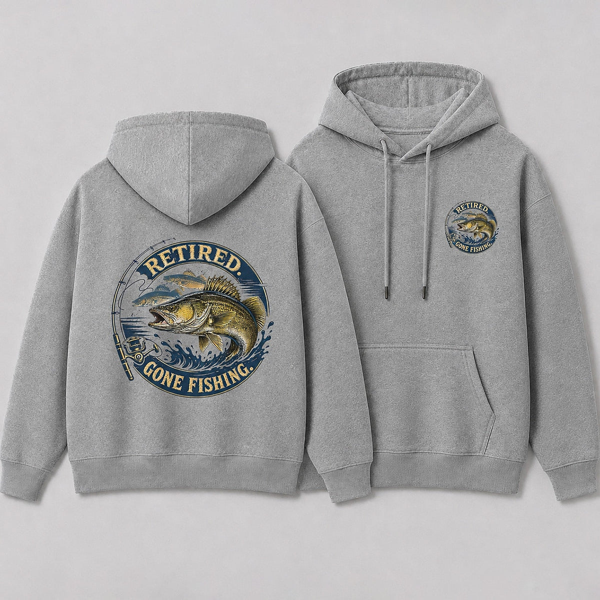 Retired Walleye Lake Fishing Hoodie for Men — white front-and-back design view