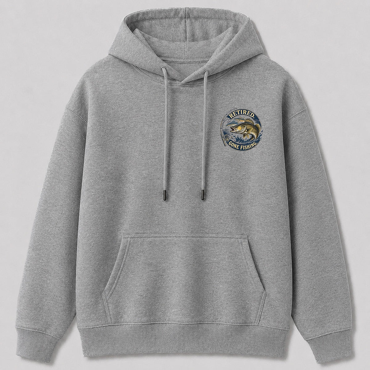 Retired Walleye Lake Fishing Hoodie for Men — white front view with chest graphic
