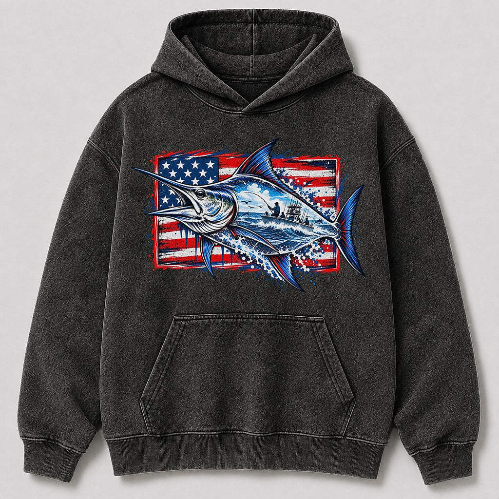 Washed Marlin Offshore Sportfishing Boat Graphic Hoodie