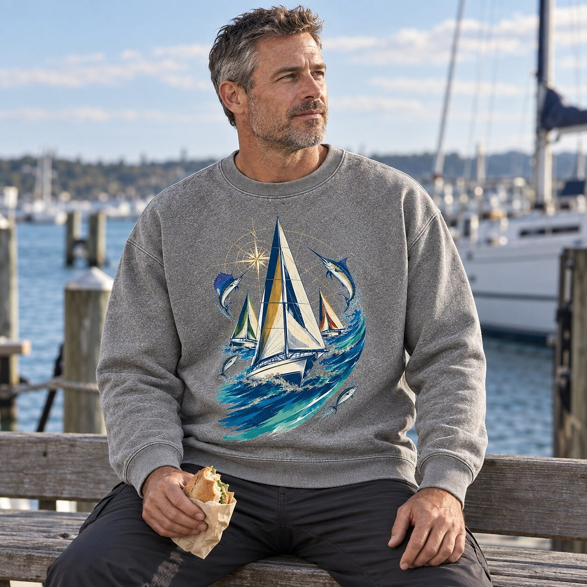 Washed Sailboat Marlin Offshore Fishing Graphic Sweatshirt