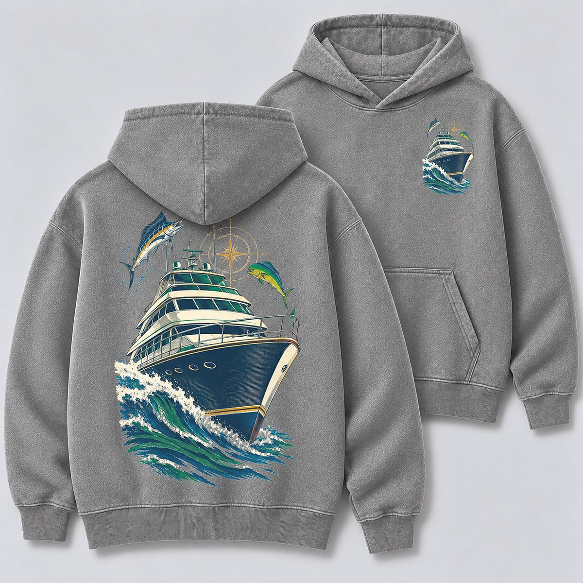 Washed Sportfishing Boat Coastal Fishing Hoodie Graphic