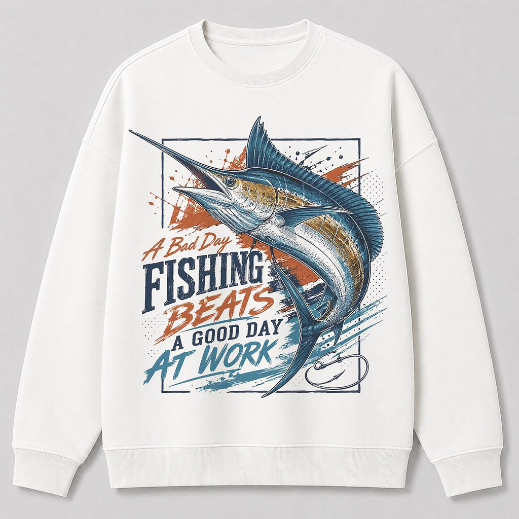Sailfish Saltwater Fishing Crewneck Sweatshirt for Men — black front view with printed graphic