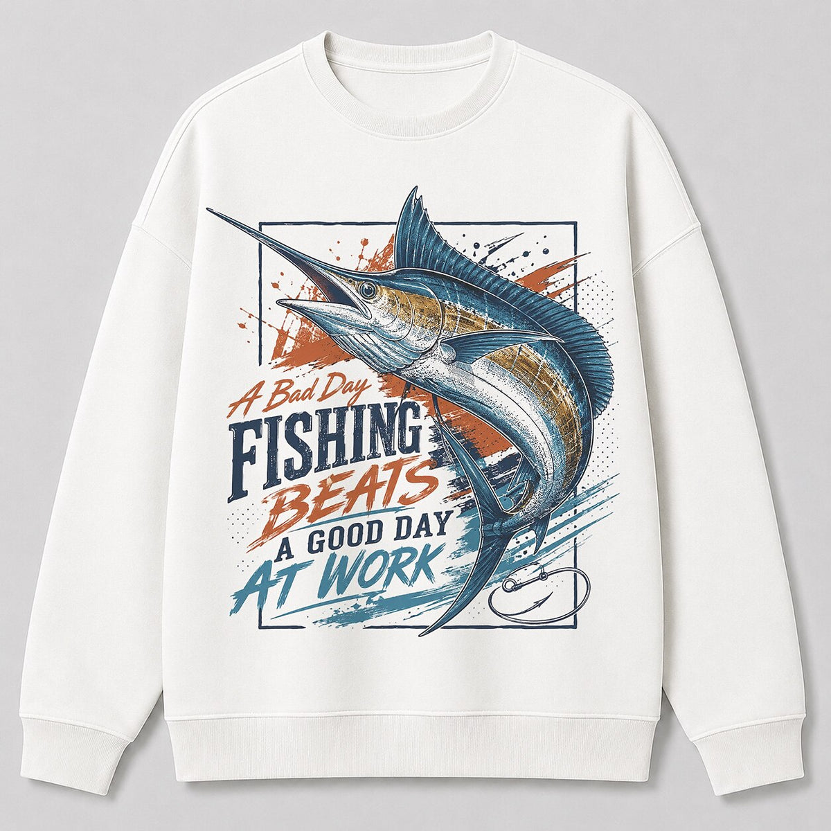 Sailfish Saltwater Fishing Crewneck Sweatshirt for Men — black front view with printed graphic
