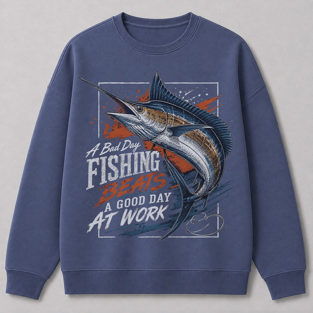 Sailfish Saltwater Fishing Crewneck Sweatshirt for Men — charcoal front view with printed graphic