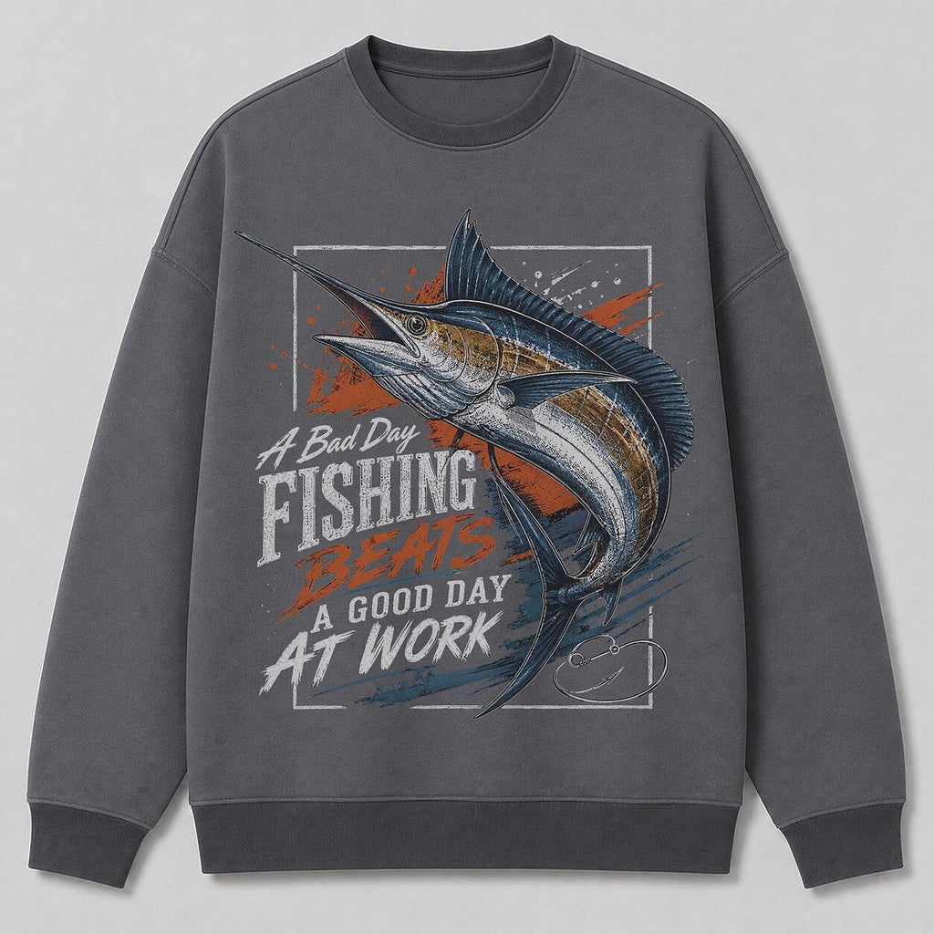 Sailfish Saltwater Fishing Crewneck Sweatshirt for Men — white front view with printed graphic