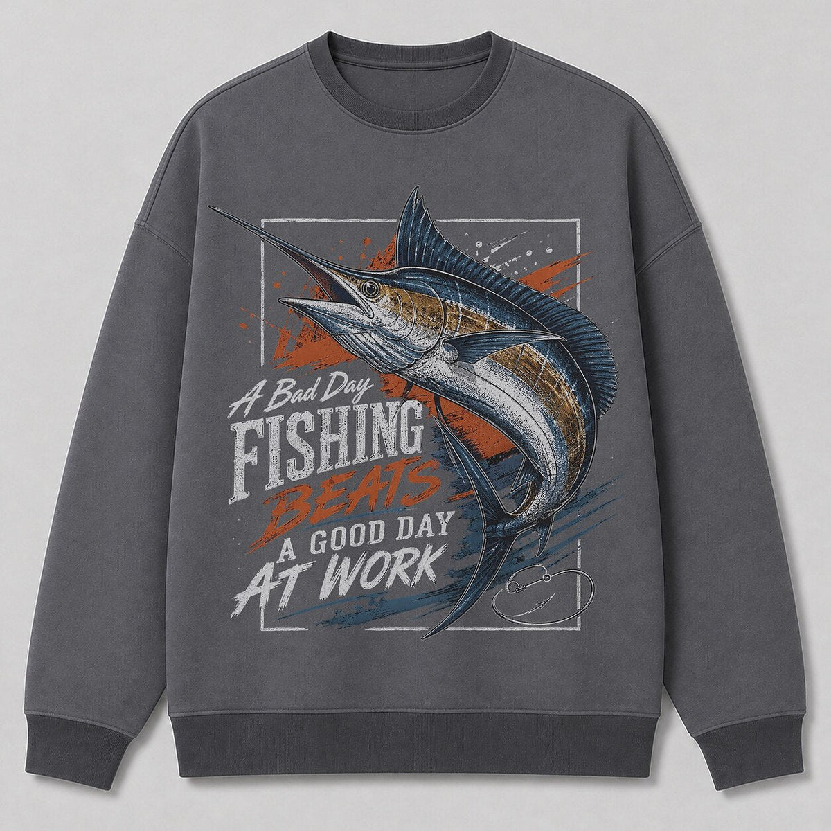 Sailfish Saltwater Fishing Crewneck Sweatshirt for Men — white front view with printed graphic