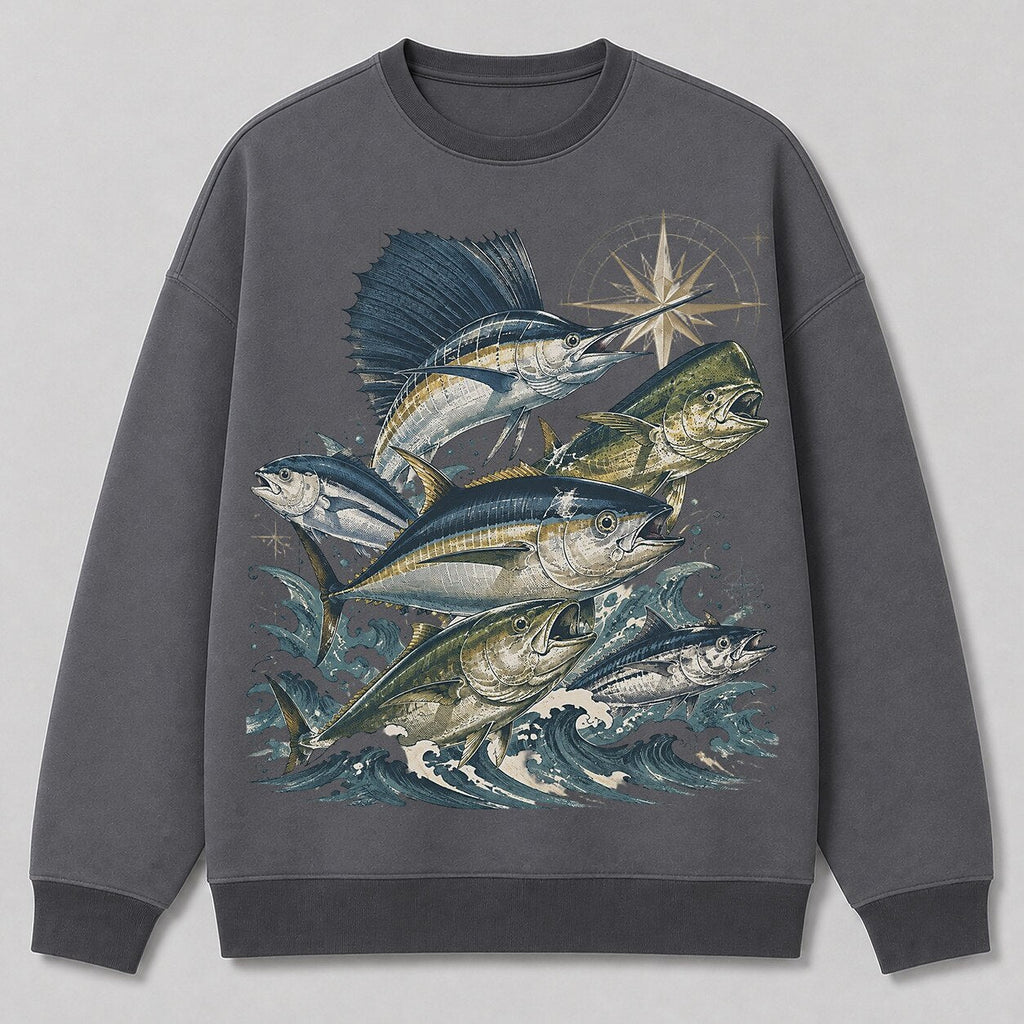 Saltwater Game Fish Offshore Fishing Crewneck Sweatshirt for Men — black front view with printed graphic