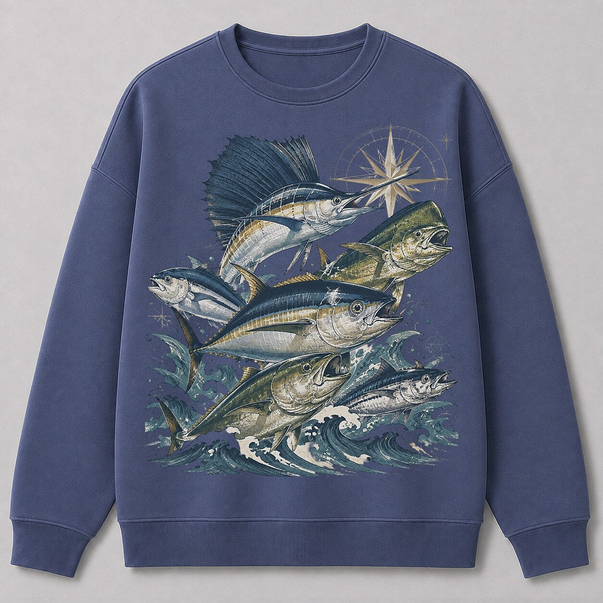 Saltwater Game Fish Offshore Fishing Crewneck Sweatshirt for Men — charcoal front view with printed graphic