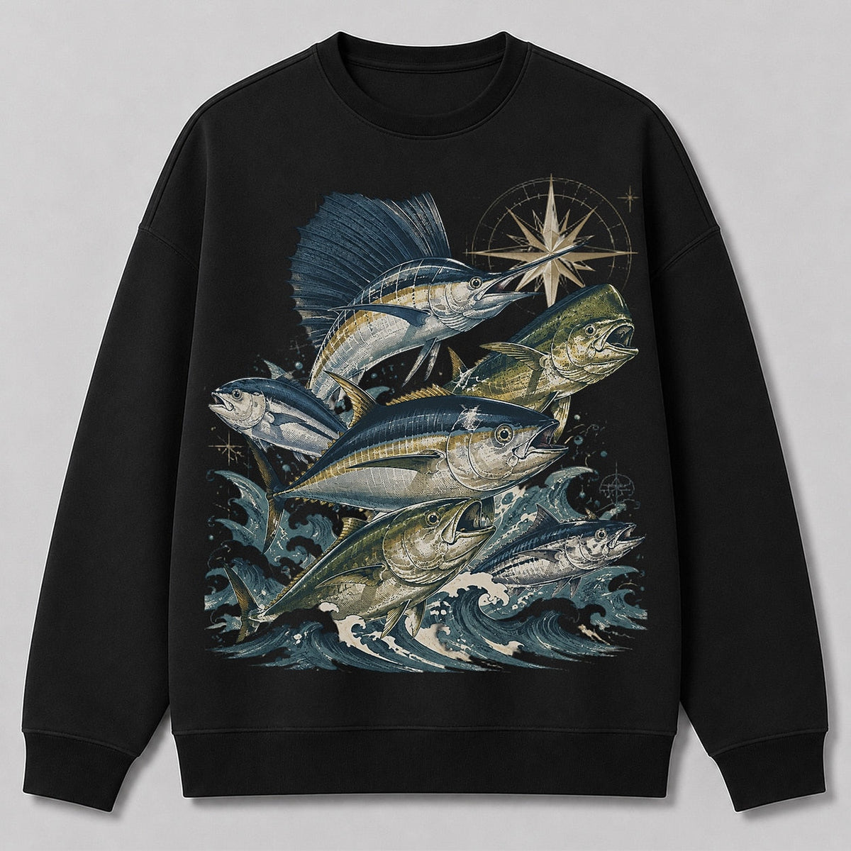 Saltwater Game Fish Offshore Fishing Crewneck Sweatshirt for Men — navy front view with printed graphic