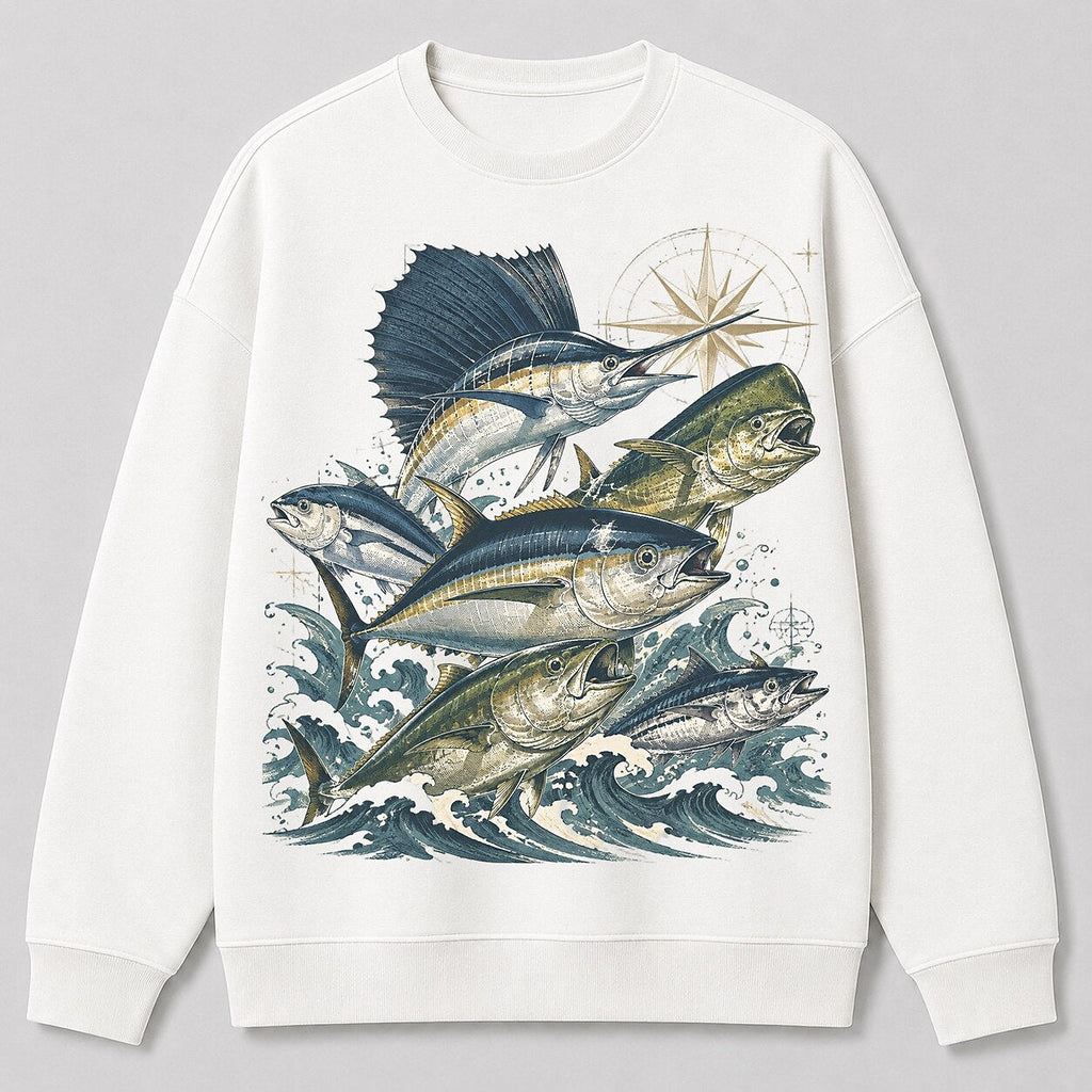 Saltwater Game Fish Offshore Fishing Crewneck Sweatshirt for Men — white front view with printed graphic
