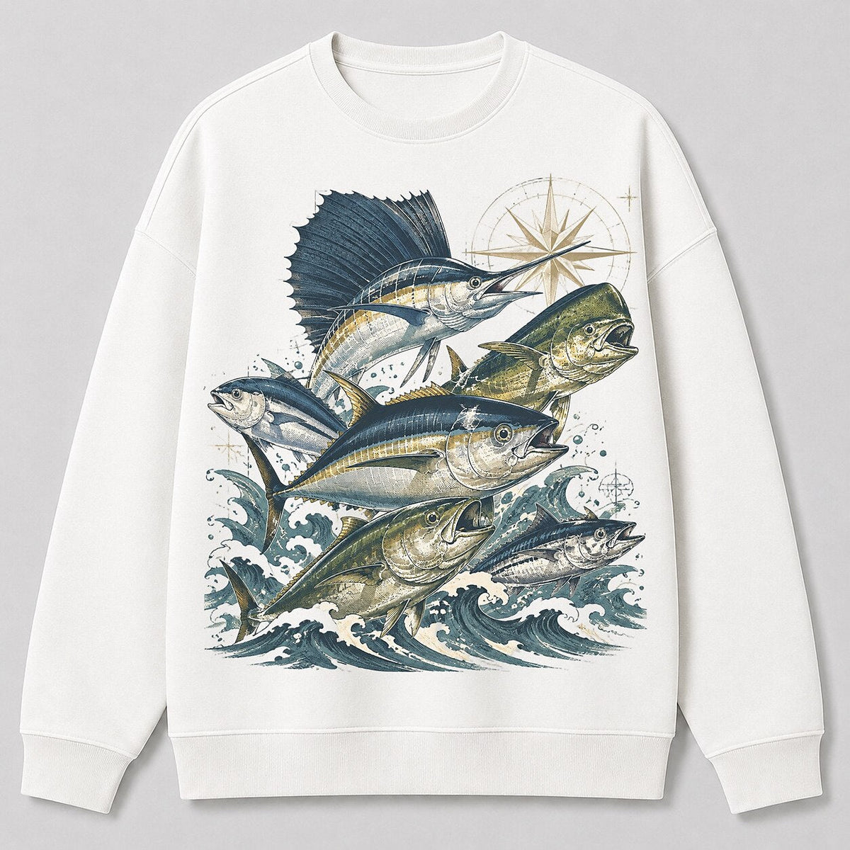 Saltwater Game Fish Offshore Fishing Crewneck Sweatshirt for Men — white front view with printed graphic