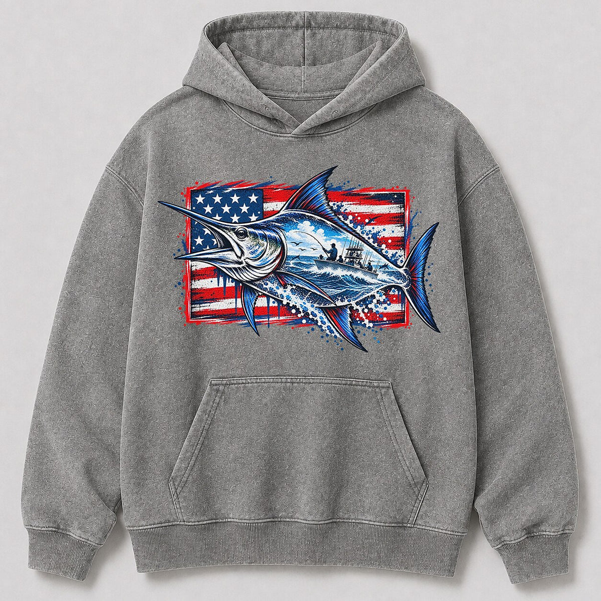 Washed Marlin Offshore Sportfishing Boat Graphic Hoodie