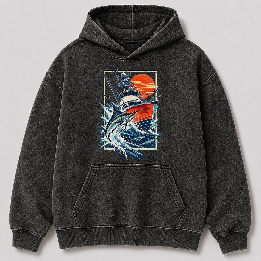 Washed Marlin Sportfishing Boat Sunset Graphic Hoodie