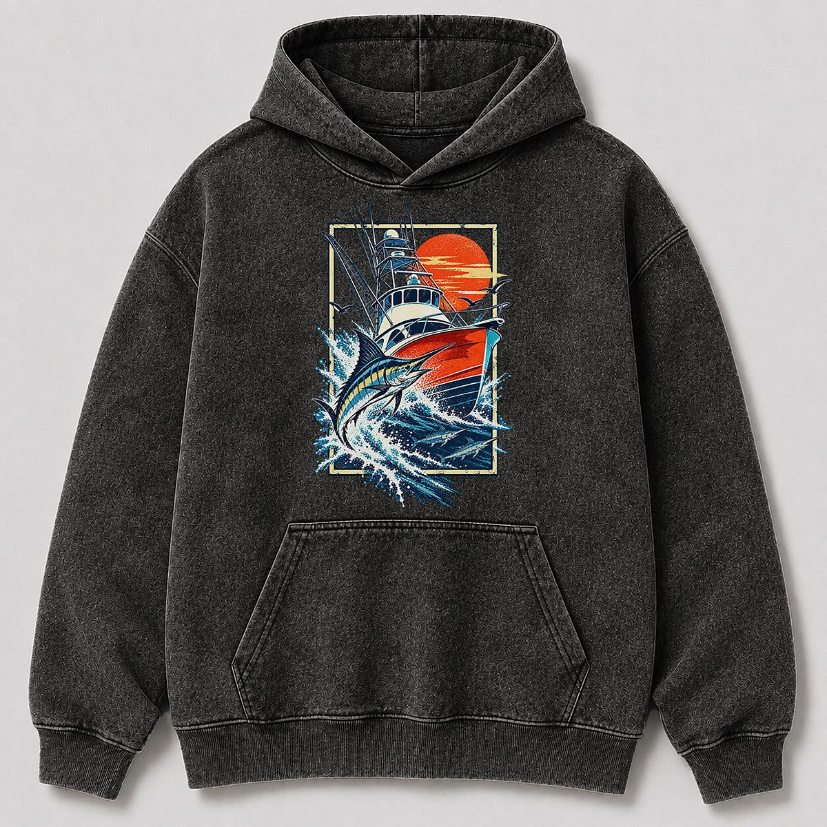 Washed Marlin Sportfishing Boat Sunset Graphic Hoodie
