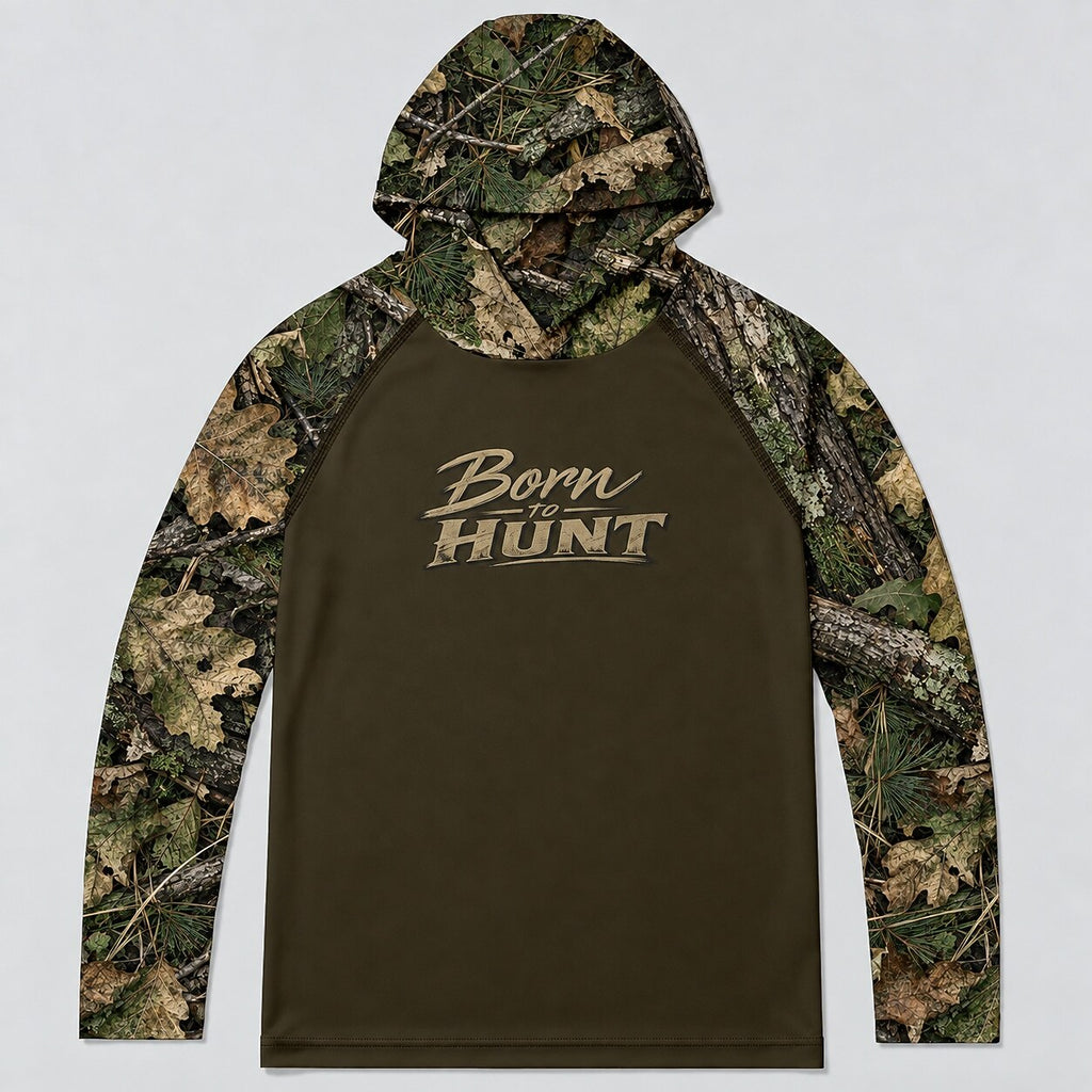 UPF 50+ Born to Hunt Woodland Leaf Camo Sun Hoodie