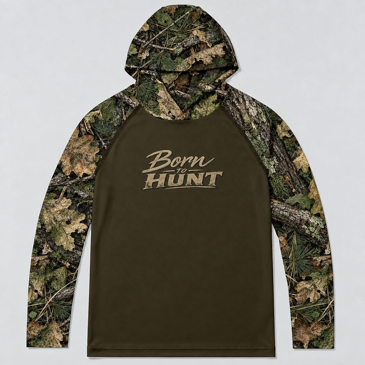UPF 50+ Born to Hunt Woodland Leaf Camo Sun Hoodie