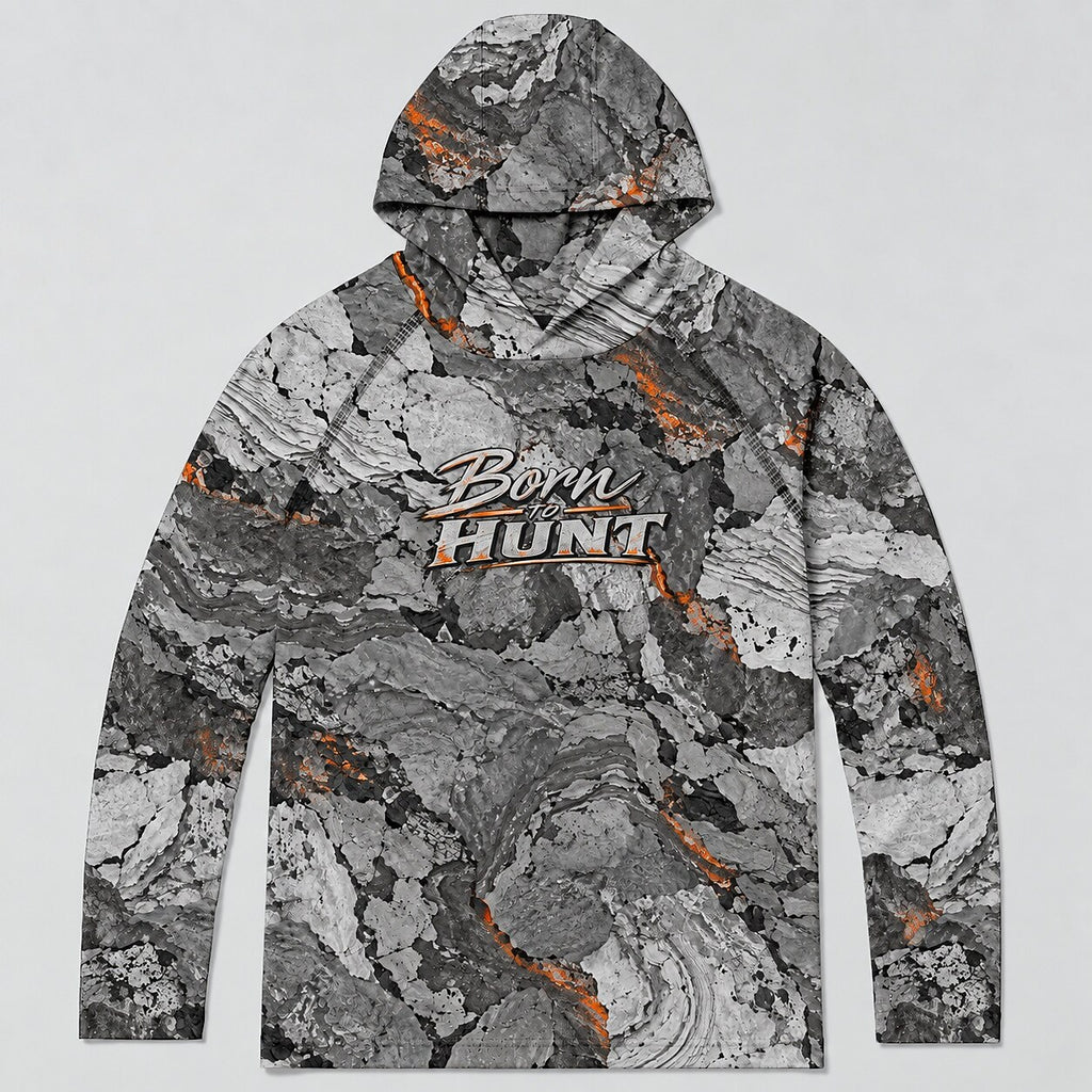 UPF 50+ Born to Hunt Rocky Terrain Camo Sun Hoodie