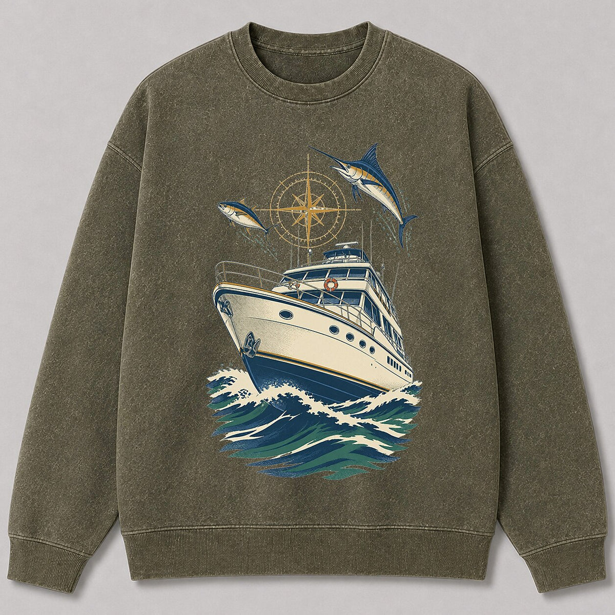 Washed Marlin Tuna Offshore Fishing Boat Graphic Sweatshirt