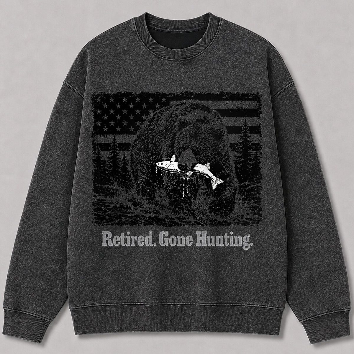 Washed Grizzly Bear Salmon Fishing Wildlife Graphic Sweatshirt