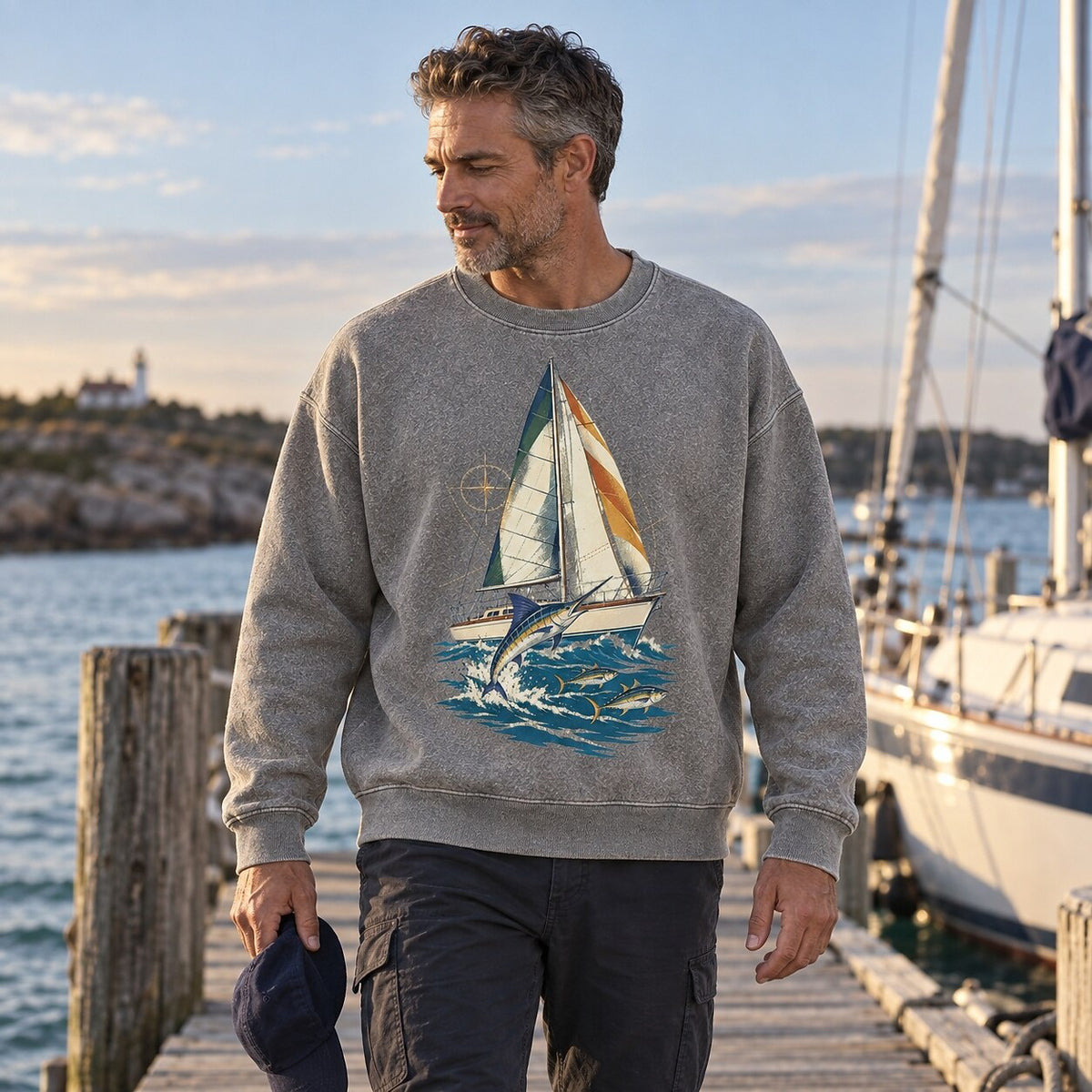 Washed Sailboat Marlin Tuna Coastal Fishing Graphic Sweatshirt