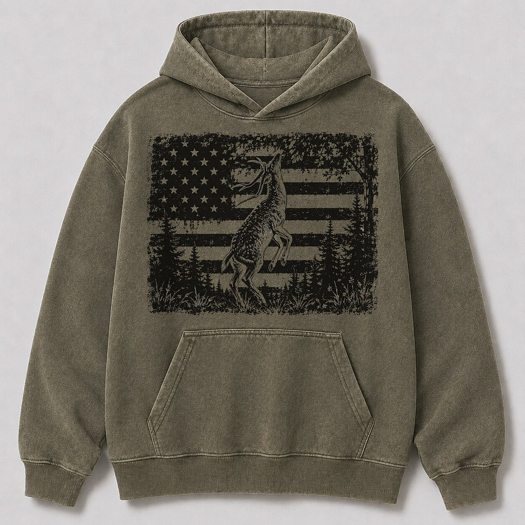 Washed Whitetail Deer American Flag Hunting Hoodie