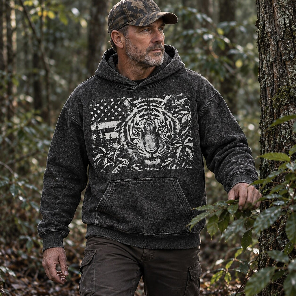 Washed Tiger Jungle Wildlife Hunting Graphic Hoodie