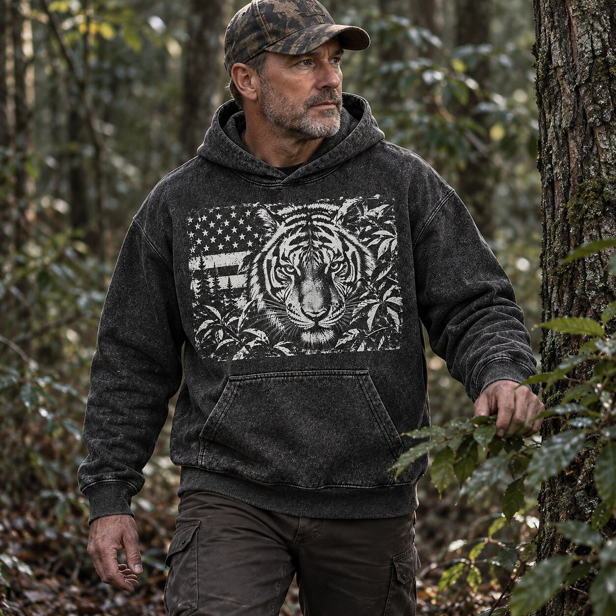 Washed Tiger Jungle Wildlife Hunting Graphic Hoodie
