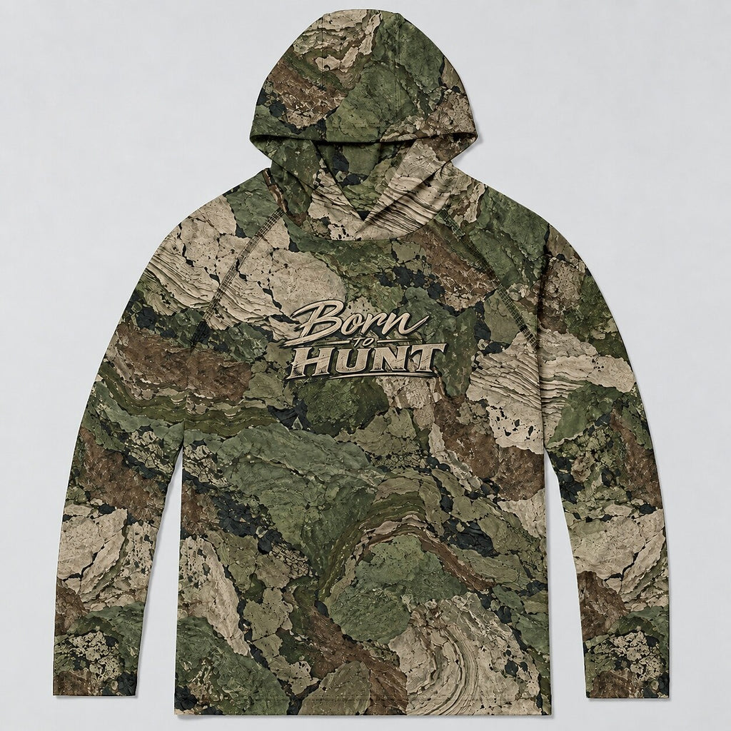 UPF 50+ Born to Hunt Rocky Terrain Camo Sun Hoodie