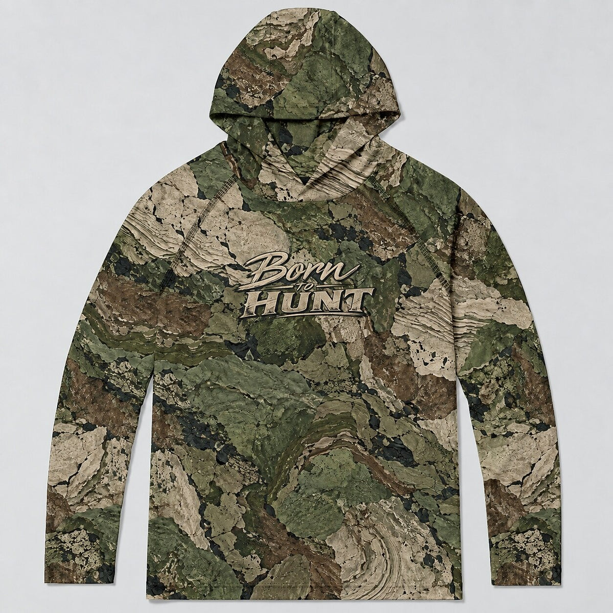 UPF 50+ Born to Hunt Rocky Terrain Camo Sun Hoodie
