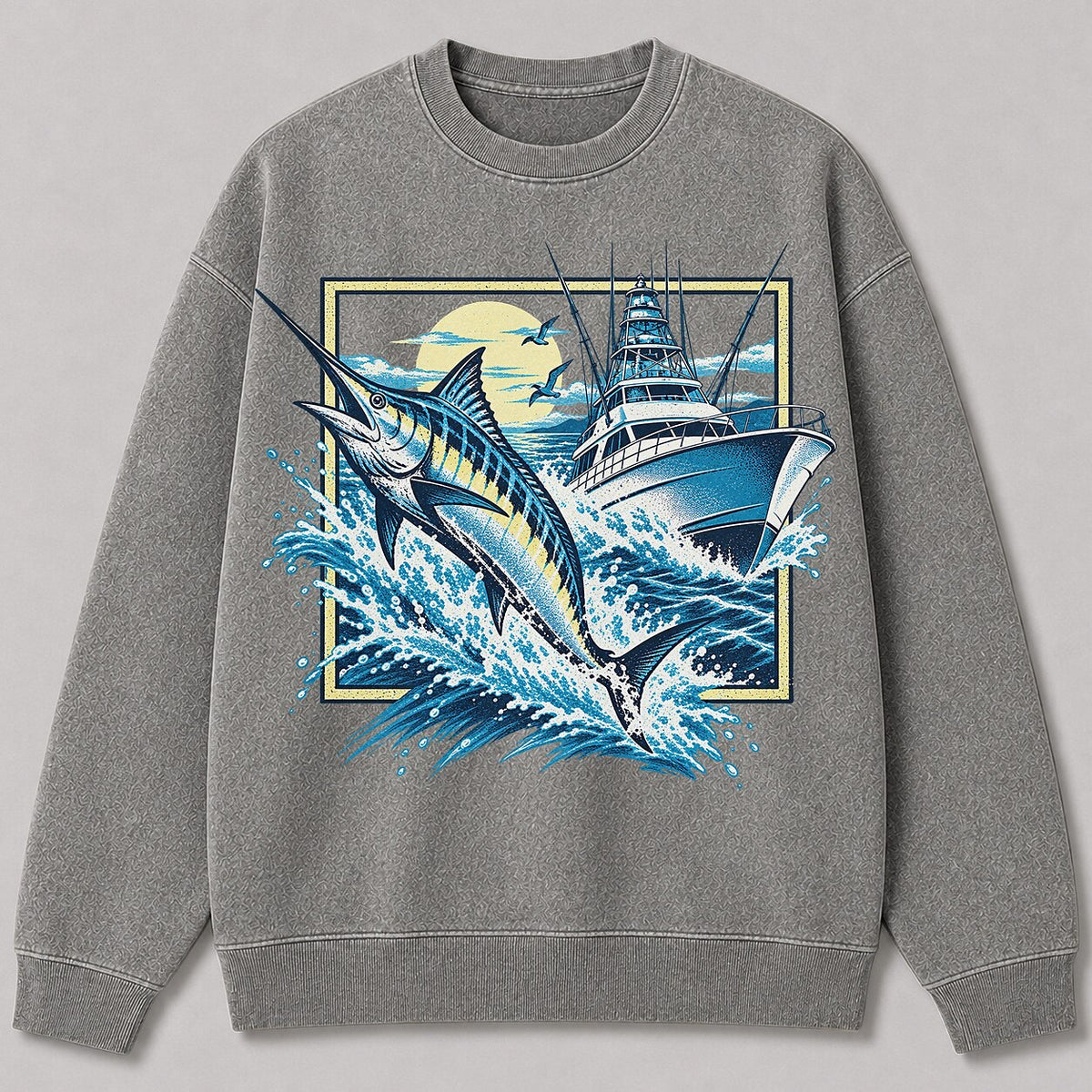 Washed Marlin Sportfishing Boat Sweatshirt Graphic Design