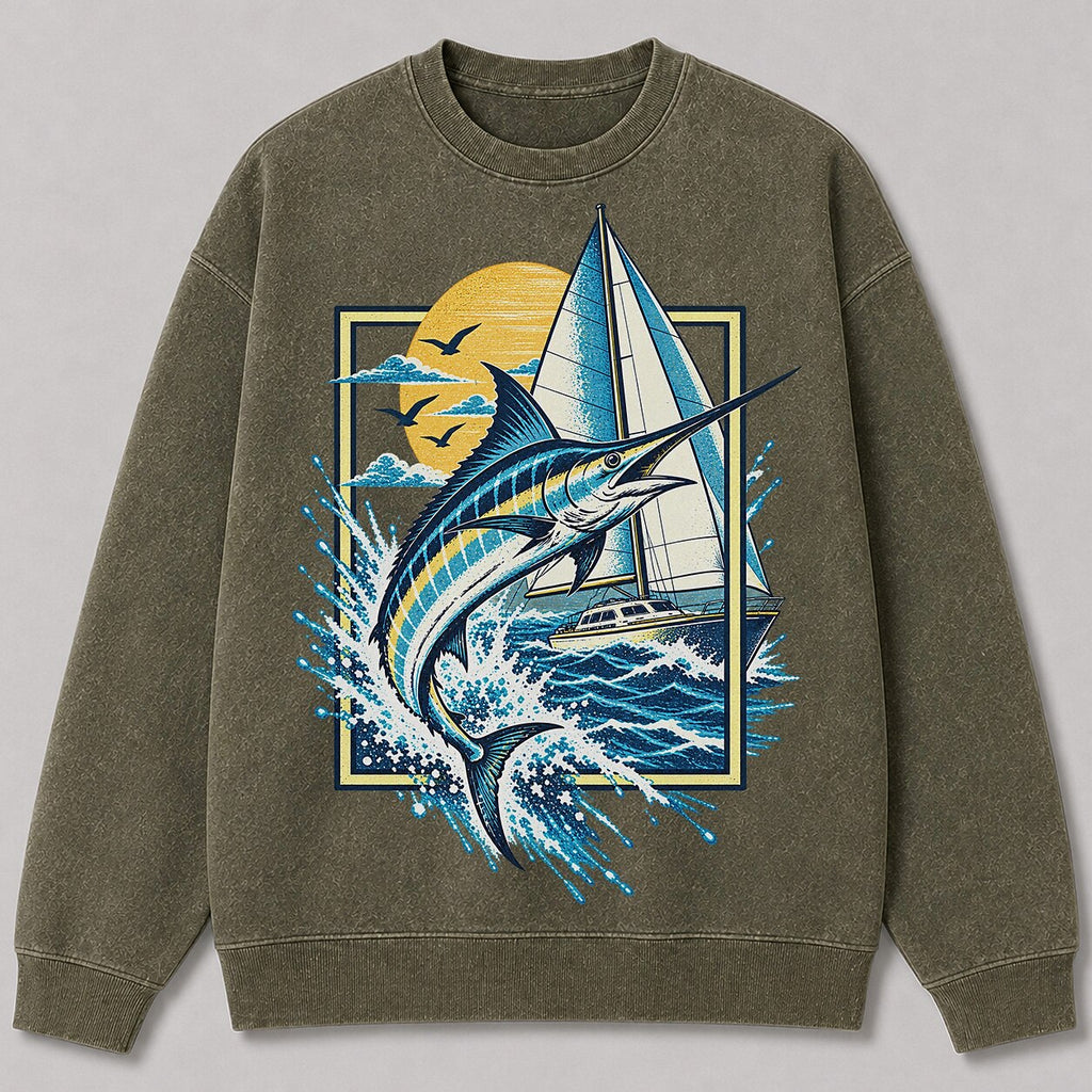Washed Sailboat Marlin Coastal Fishing Sweatshirt Graphic