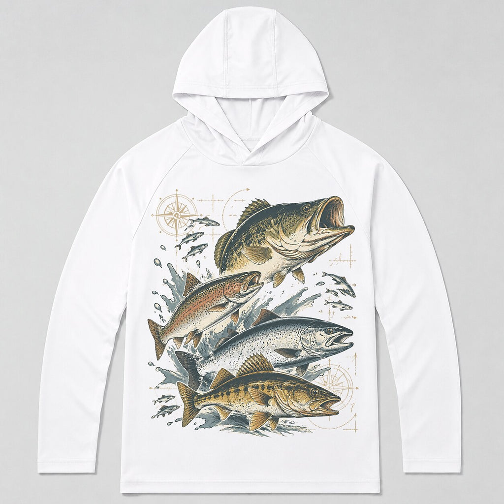 UPF 50+ Bass Trout Freshwater Fishing Sun Protection Hoodie for Men - back product view
