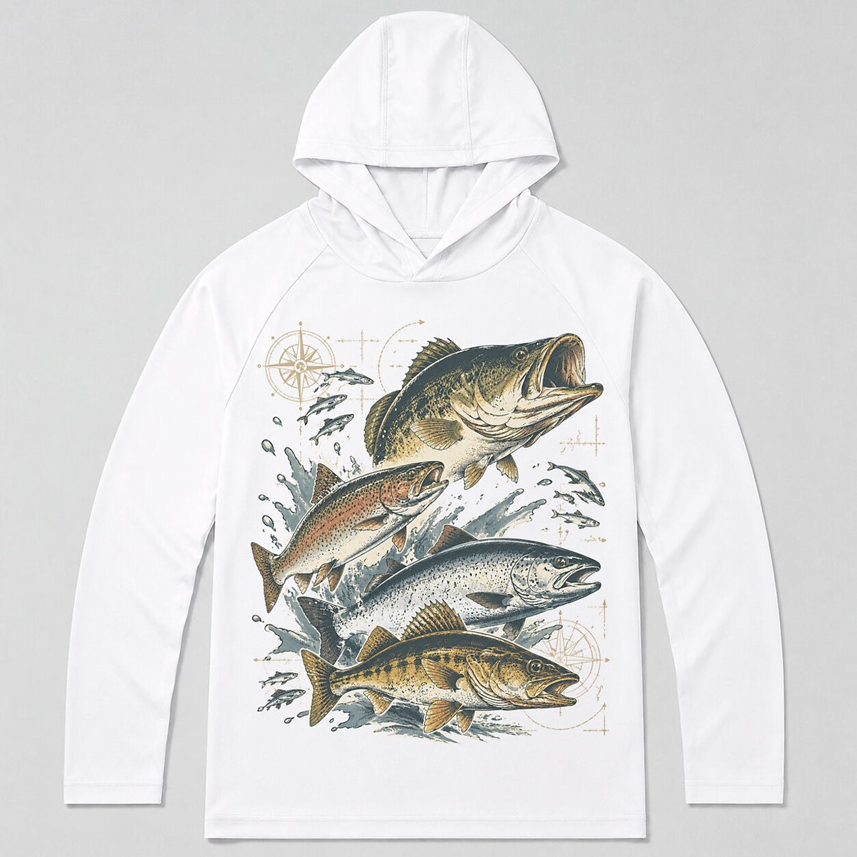 UPF 50+ Bass Trout Freshwater Fishing Sun Protection Hoodie for Men - back product view