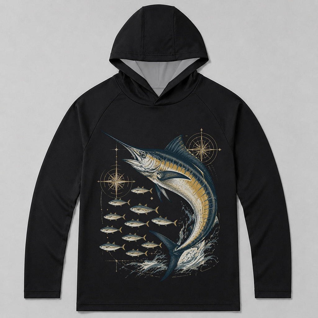 UPF 50+ Blue Marlin Ocean Fishing Sun Protection Hoodie for Men - front product view