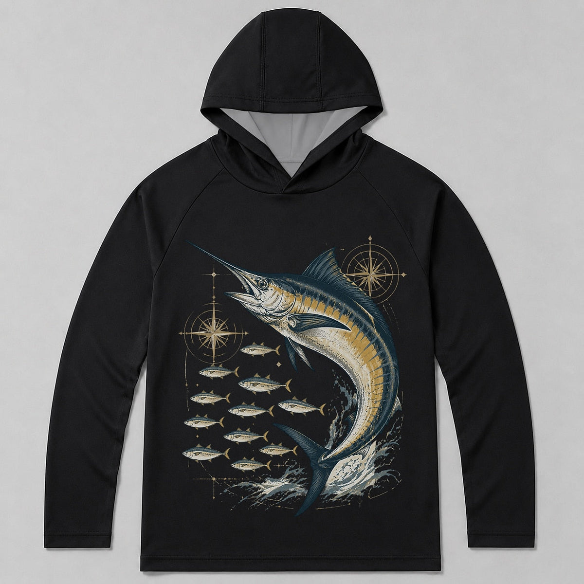 UPF 50+ Blue Marlin Ocean Fishing Sun Protection Hoodie for Men - front product view