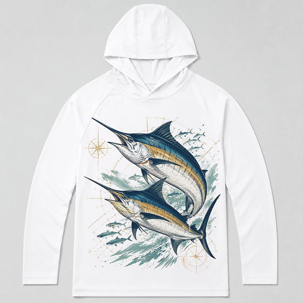 UPF 50+ Blue Marlin Offshore Fishing Sun Protection Hoodie for Men - front product view