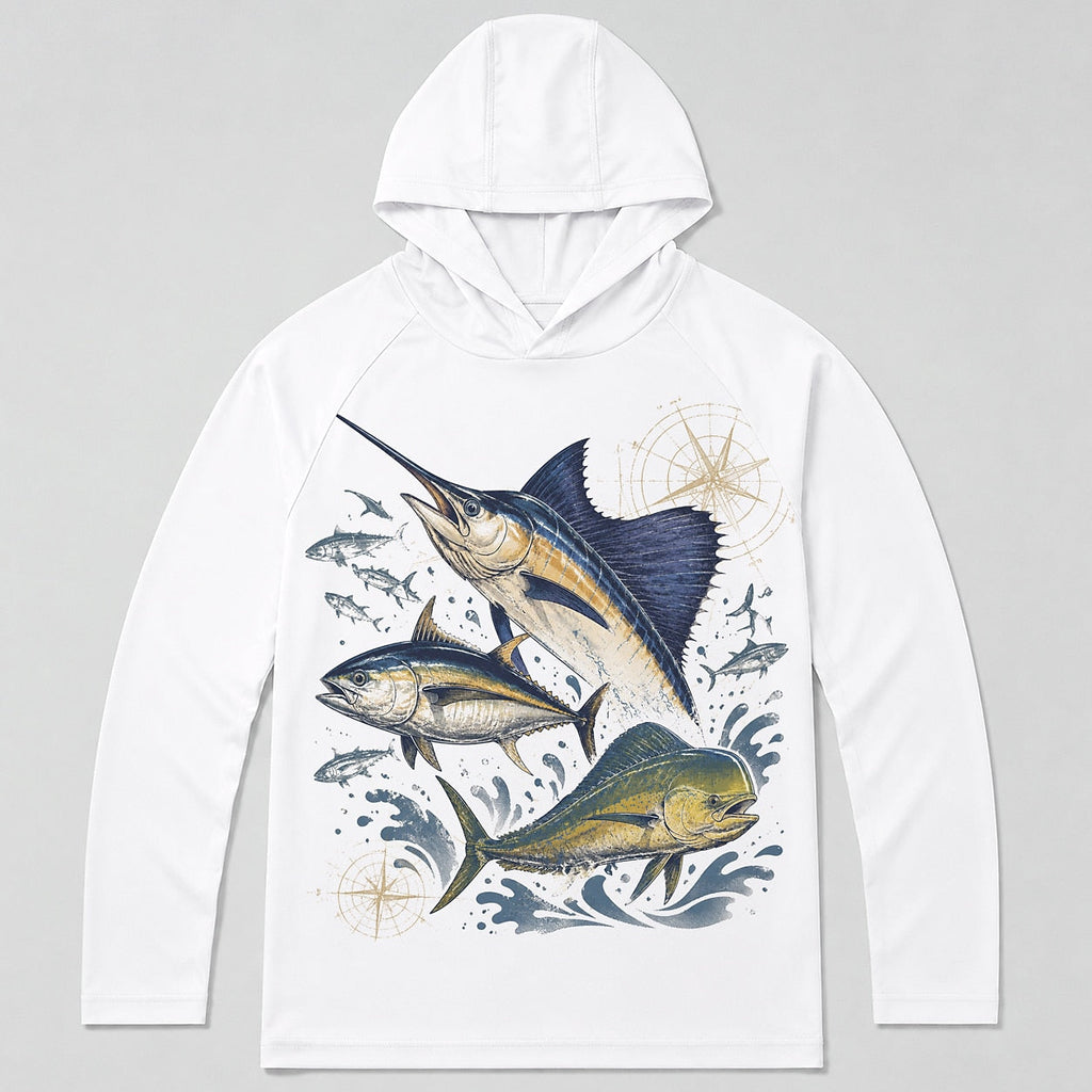UPF 50+ Marlin Tuna Mahi Offshore Fishing Sun Protection Hoodie for Men - back product view