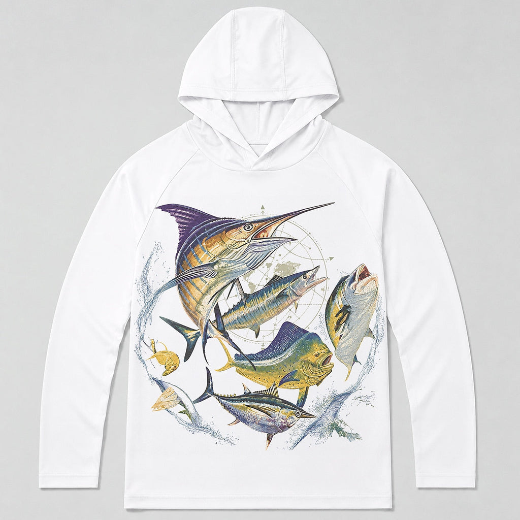 UPF 50+ Offshore Game Fish Saltwater Fishing Sun Protection Hoodie for Men - back product view